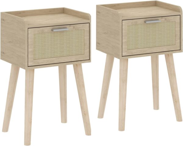 Nightstand Set of 2, Small Bedside Table, End Table with Rattan Door, Boho Side Table with Solid Wood Legs for Bedroom Living Room Small Space 1