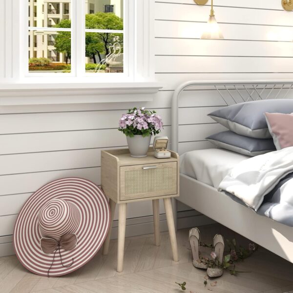 Nightstand Set of 2, Small Bedside Table, End Table with Rattan Door, Boho Side Table with Solid Wood Legs for Bedroom Living Room Small Space 4