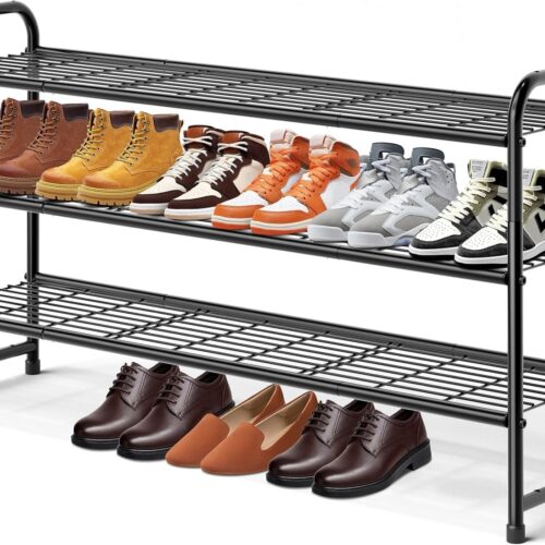 71pZXfOurwL._AC_SL1500_ 3-Tier Long Shoe Rack for Closet Metal Shoe Organizer for Entryway, Wide Stackable Shoe Storage Shelf with Sturdy Wire Grid for Closet Floor, Bedroom, Black