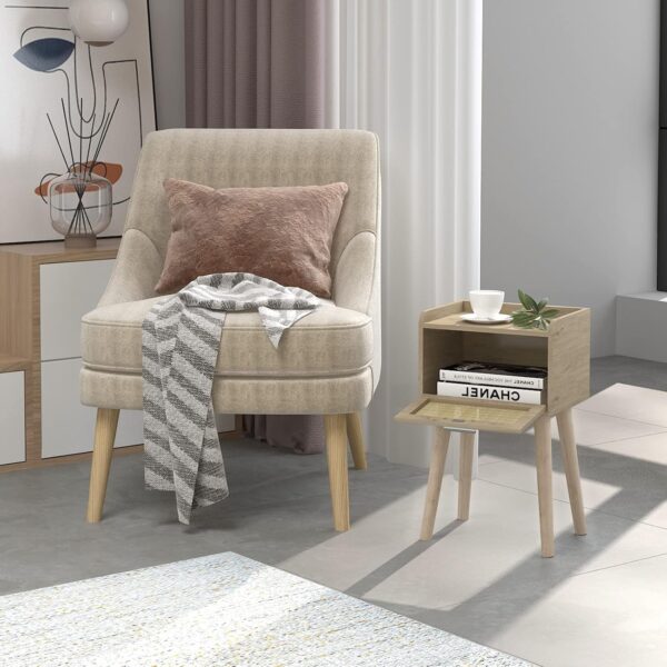 Nightstand Set of 2, Small Bedside Table, End Table with Rattan Door, Boho Side Table with Solid Wood Legs for Bedroom Living Room Small Space 2