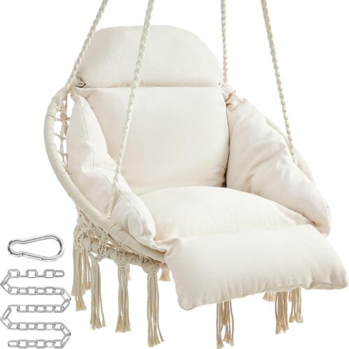 Hanging Chair, Hammock Chair with Large, Thick Cushion, Boho Swing Chair for Bedroom, Patio, Balcony, Garden, Holds up to 264 lb, Accessories Included, Cream White
