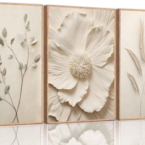 81om7bCwoyL._AC_SL1500_ 3Pcs Neutral Beige Floral Plant Canvas Wall art Textured Flower Botanical Painting Picture Wall Decor Vintage Blossom Poster Prints for Living Room Bedroom Bathroom Decoration Unframed
