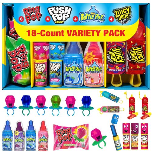 Variety Pack - 4 Count Assorted Lollipops - Ring Pop, Push Pop, Baby Bottle Pop & Juicy Drop - Ideal for Birthdays, Party Favors, Celebrations & Candy Gifts