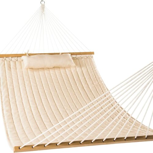 1 12 FT Double Quilted Fabric Hammock with Spreader Bars and Detachable Pillow, 2 Person Hammock for Outdoor Patio Backyard Poolside, 450 LBS Weight Capacity, Natural