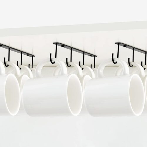 1 Under Cabinet Mug Hanger Set of 3 Metal Mug Hooks Coffee Cup Holder with 12 Hooks Simple Coffee Mug Organizer for Cabinet Shelf Modern Mug Storage Display Rack for Kitchen Coffee Bar, Black