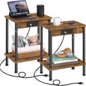 End Table with Charging Station,Small Side Table,2-Tier Nightstand with Storage Shelf,Sofa Bedside Table for Small Spaces in Living Room,Bedroom,Office,Easy Assembly,Rustic Brown