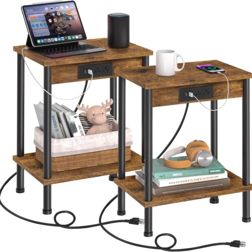 1 End Table with Charging Station,Small Side Table,2-Tier Nightstand with Storage Shelf,Sofa Bedside Table for Small Spaces in Living Room,Bedroom,Office,Easy Assembly,Rustic Brown