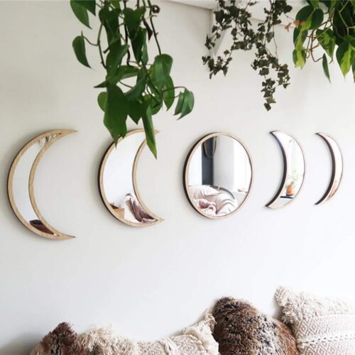 1 5 Pieces Scandinavian Natural Decor Acrylic Wall Decorative Mirror Interior Design Wooden Moon Phase Mirror Bohemian Wall Decoration for Home Living Room Bedroom Decor - Acrylic,Not Real Mirror(Beige)