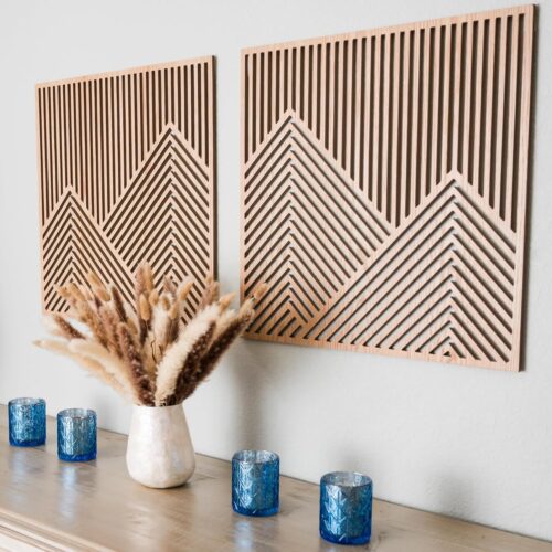 1 2 Pcs Wood Mountain Wall Art - Modern Wooden Panel Mountain Wall Decor, Decorative Forest Nature Abstract Line Minimalist Wall Art for Living Room Bedroom Farmhouse - Large 23.5”x23.5”