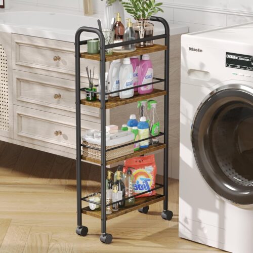 1 Slim Storage Cart, 4 Tier Rolling Utility Cart on Wheels, Slim Bathroom Storage for Small Spaces in Kitchen, Dining Room, Bathroom, Laundry Room Rustic Brown