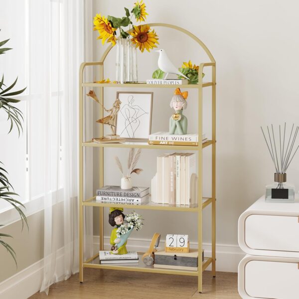 Bookcase Bookshelf, Tempered Glass Bookshelves, Slim Shelving Unit for Bedroom, Bathroom, Home Office, Steel Frame, 4 Tier Gold BC21499G 1