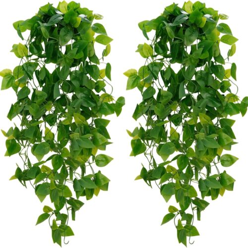 1 Fake Hanging Plants, 2pcs Artificial Hanging Plant, Faux Pothos Vines Hanging Plant Greenery for Wall Home Living Room Indoor Outdoor Decor (No Baskets)