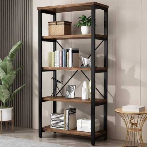 1 5 Tier Industrial Solid Wood Bookshelf, Open Etagere Bookcase with Metal Frame, Vintage Industrial Style Bookcase/Metal and Wood Bookshelf Furniture (AY01-5tier)