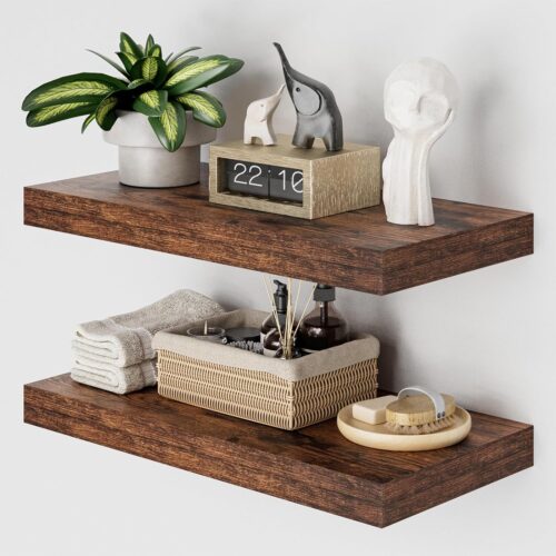 1 12" Deep Floating Shelves for Wall, 24 Inch Wall Shelf Bathroom Shelves Set of 2, Wall Mounted Shelves for Books Living Room Laundry Room Bedroom Kitchen Home Office, Rustic Brown
