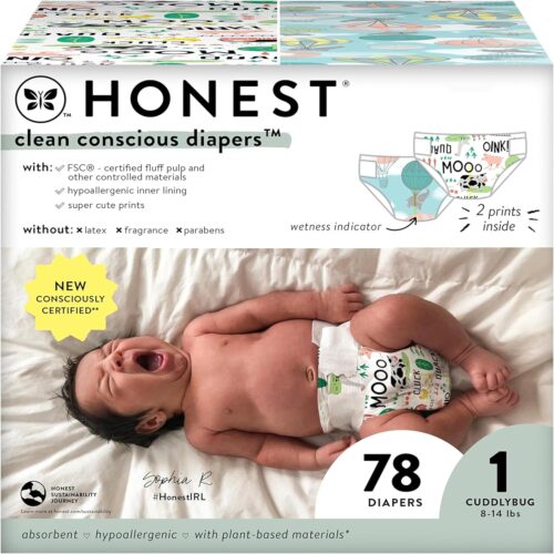 Clean Conscious Diapers | Plant-Based, Sustainable | Above It All + Barnyard Babies | Club Box, Size 1 (8-14 lbs), 78 Count