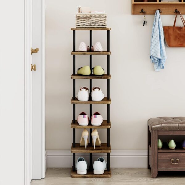 Shoe Rack 7 Tier Vertical Storage Organizer Narrow Metal Slim Shelf Modern Free Standing Shoe Tower Saving Space for Closet Entryway Bedroom,Black+Rustic Brown 4