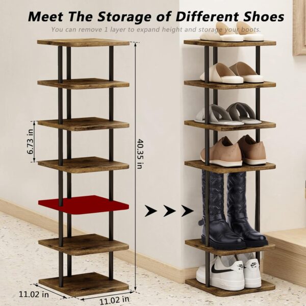 Shoe Rack 7 Tier Vertical Storage Organizer Narrow Metal Slim Shelf Modern Free Standing Shoe Tower Saving Space for Closet Entryway Bedroom,Black+Rustic Brown 3