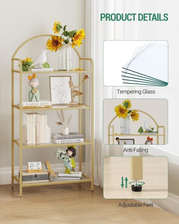 Bookcase Bookshelf, Tempered Glass Bookshelves, Slim Shelving Unit for Bedroom, Bathroom, Home Office, Steel Frame, 4 Tier Gold BC21499G 4