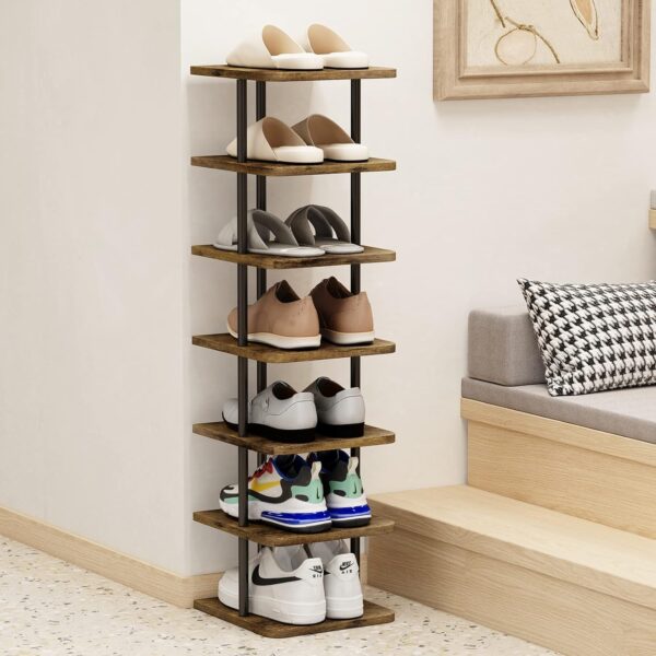 Shoe Rack 7 Tier Vertical Storage Organizer Narrow Metal Slim Shelf Modern Free Standing Shoe Tower Saving Space for Closet Entryway Bedroom,Black+Rustic Brown 2