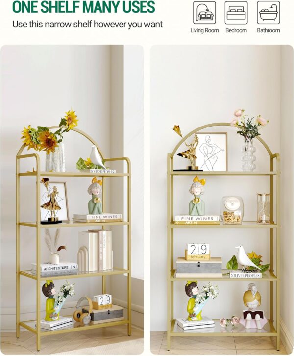 Bookcase Bookshelf, Tempered Glass Bookshelves, Slim Shelving Unit for Bedroom, Bathroom, Home Office, Steel Frame, 4 Tier Gold BC21499G 3