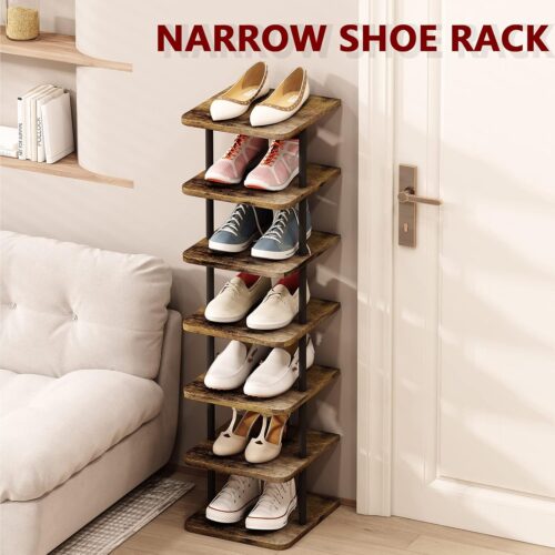 5 Shoe Rack 7 Tier Vertical Storage Organizer Narrow Metal Slim Shelf Modern Free Standing Shoe Tower Saving Space for Closet Entryway Bedroom,Black+Rustic Brown