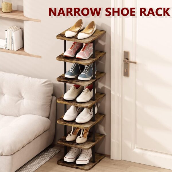Shoe Rack 7 Tier Vertical Storage Organizer Narrow Metal Slim Shelf Modern Free Standing Shoe Tower Saving Space for Closet Entryway Bedroom,Black+Rustic Brown 1
