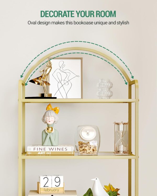 Bookcase Bookshelf, Tempered Glass Bookshelves, Slim Shelving Unit for Bedroom, Bathroom, Home Office, Steel Frame, 4 Tier Gold BC21499G 2