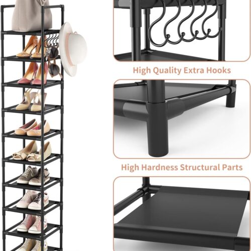 5 Tall Narrow Shoe Rack for Entryway, 10-Tier Sturdy Metal Shoe Shelf Storage 10-15 Pairs of Shoes and Boots, Space Saving Corner Shoe Rack Organizer for Closet,Doorway,Garage,Living Room