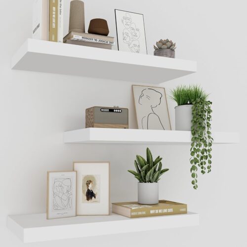713mEkKzMBL._AC_SL1500_ White Floating Shelves - Set of 3, 16" Wall Mounted Shelves for Home Decor, Living Room, Bedroom, Bathroom, Kitchen