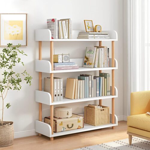 71EtfAAxfqL._AC_SL1500_ 4-Tier Wooden Open Bookcase - Modern Display Bookshelf with Side Panels and Solid Wood Frame for Home and Office, Storage Cabinet, Warm White