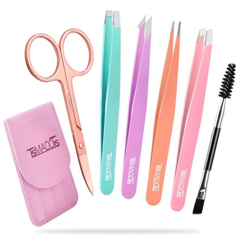 71hRBGroWtS._SL1500_ 6 PCS Tweezers Set for Women, Eyebrow Tweezers with Curved Scissor for Ingrown Hair, Hair Plucking Daily Beauty Tools with Leather Travel Case