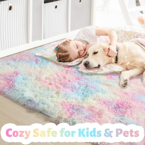 819NB3njeqL._AC_SL1500_ Rainbow Fluffy Rugs for Girls Bedroom, 4x6 Rug, Unicorn Room Decor,Pastel Area Rug for Kids, Shag Carpet for Nursery, Soft Play Mat for Baby, Fuzzy Rug for Living Room, Plush Throw Rug for Playroom