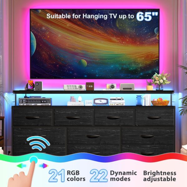 55" W Dresser for Bedroom with 10 Drawers Long Dresser with LED Lights & Power Outlets Wide Dressers & Chests of Drawers Large Storage Organizer for Bedroom, Metal Frame, Wood Top, Charcoal Black 5