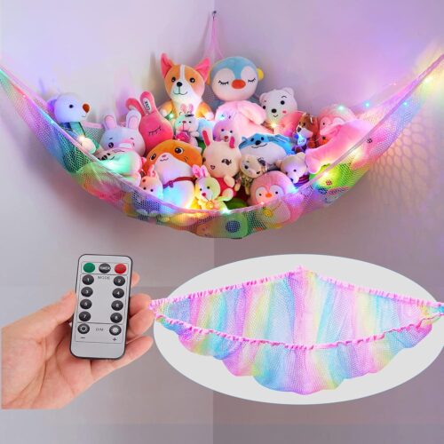 81d2l3UiV9L._AC_SL1500_ Stuffed Animal Net Hammock Kids Toy Storage with LED Light Plush Toy Organizer Corner Hanging Stuffed Animal Holder For Nursery Kids Girls Room Decor