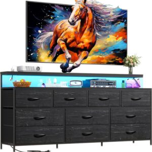 55" W Dresser for Bedroom with 10 Drawers Long Dresser with LED Lights & Power Outlets Wide Dressers & Chests of Drawers Large Storage Organizer for Bedroom, Metal Frame, Wood Top, Charcoal Black