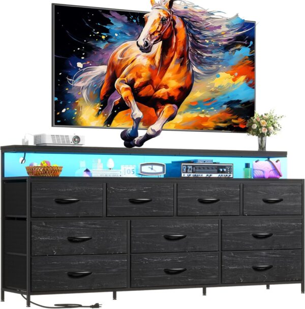 55" W Dresser for Bedroom with 10 Drawers Long Dresser with LED Lights & Power Outlets Wide Dressers & Chests of Drawers Large Storage Organizer for Bedroom, Metal Frame, Wood Top, Charcoal Black 1