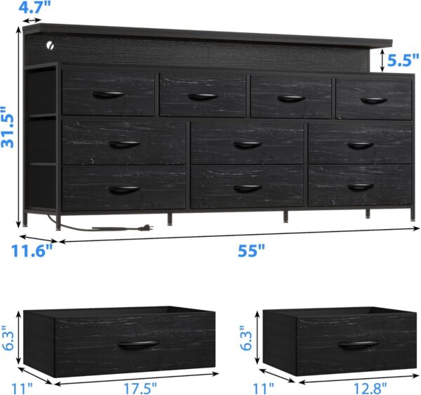 55" W Dresser for Bedroom with 10 Drawers Long Dresser with LED Lights & Power Outlets Wide Dressers & Chests of Drawers Large Storage Organizer for Bedroom, Metal Frame, Wood Top, Charcoal Black 3