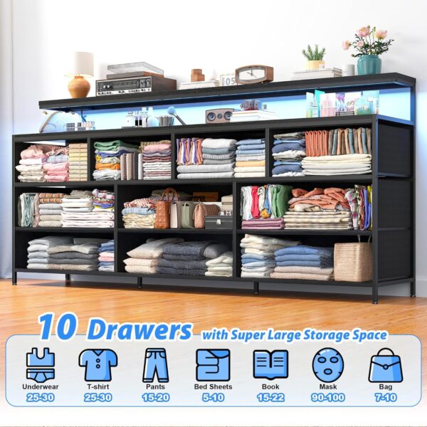 55" W Dresser for Bedroom with 10 Drawers Long Dresser with LED Lights & Power Outlets Wide Dressers & Chests of Drawers Large Storage Organizer for Bedroom, Metal Frame, Wood Top, Charcoal Black 4