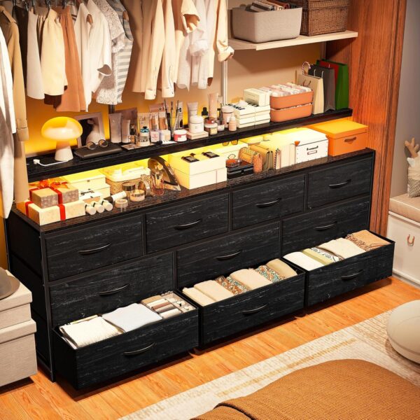 55" W Dresser for Bedroom with 10 Drawers Long Dresser with LED Lights & Power Outlets Wide Dressers & Chests of Drawers Large Storage Organizer for Bedroom, Metal Frame, Wood Top, Charcoal Black 2