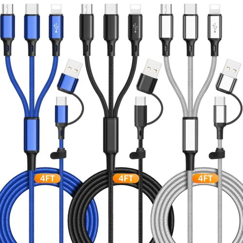 1 3Pack Multi 6 in 1 Fast Charging Cable 4FT/1.2M Quick Charge Cord Nylon Braided USB A/C to Type C+Micro USB+i-Product Connector Sync Adapter for iPhone/Android/Tablets, 5H1CDX-HYL
