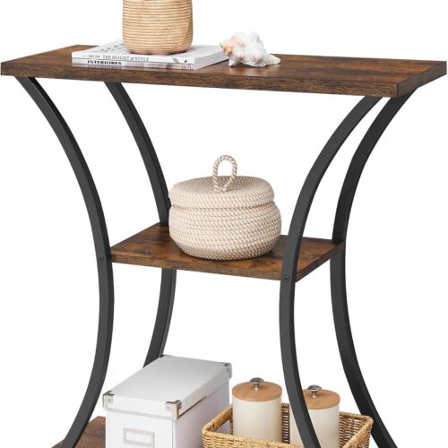 3 Tier Console Table with Open Wood Shelves, Decorative Entryway Table with Curved Metal Frames, Narrow Sofa Table for Entrance, Living Room, Hallway, Rustic Brown+Black