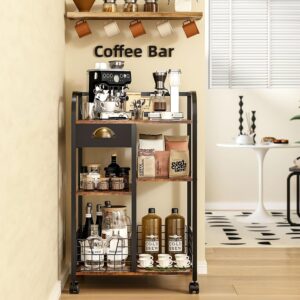Coffee Bar with Wheels, Mobile Coffee Table with Storage Drawer, 4-Tier Adjustable Coffee Cart, Rustic Wood Coffee bar Station for Kitchen/Entrance/Living Room/Dining Room