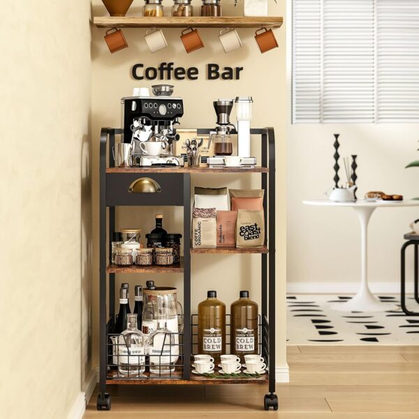 Coffee Bar with Wheels, Mobile Coffee Table with Storage Drawer, 4-Tier Adjustable Coffee Cart, Rustic Wood Coffee bar Station for Kitchen/Entrance/Living Room/Dining Room 1