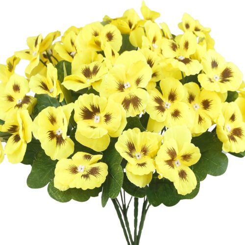 4 Pcs Artificial Pansy Flowers for Outdoors UV Resistant Silk Pansies Flowers Outdoor Yellow Faux Plastic Wildflowers Bush Faux Flowers for Planters Indoor Outside Garden Porch Pots Patio Decor
