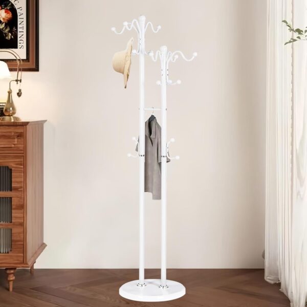 Metal Coat Rack With 17 Hooks, Double-Pole Freestanding Stand, Modern White Standing Tree Holder for Entryway 5