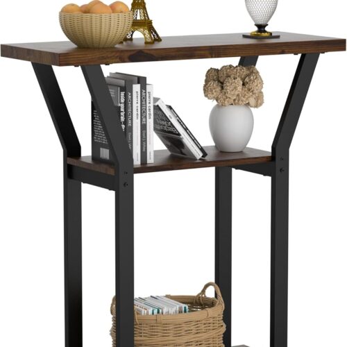 3 Tier Console Table, Industrial Narrow Entryway Sofa Table for Living Room Office Foyer Hallway Entrance Endtable Rustic Brown
