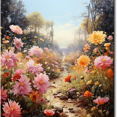 DIY Paint by Numbers A Path with Dahlias Paint by Number for Adults Beginner with Paintbrushes Park Landscape Painting by Numbers Kits on Canvas Art Crafts for Home Walls, 16"x20"(Frameless)