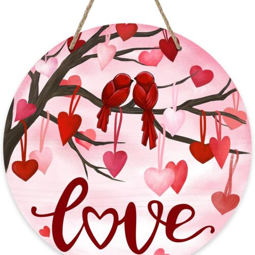 Valentine's Day Love Pink Front Door Sign, Red Heart Tree Birds Wood Door Hanger Outdoor Outside Porch Decor, Anniversary Wedding Wooden Wreath Indoor Wall Hanging Decoration