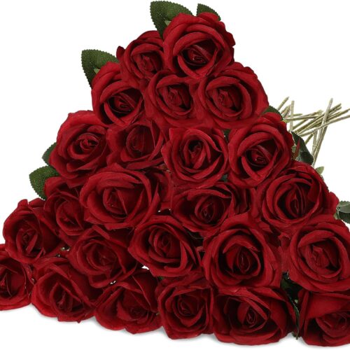 1 20 Pcs Rose Artificial Flowers with Long Stem Realistic Silk Roses Bulk Real Touch Plastic Bouquet of Roses for Home Bridal Wedding Party Table Centerpieces Decorations(Wine Red)