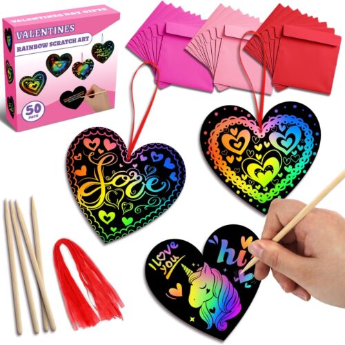 1 50 Pack Valentines Day Gifts for Kids, Rainbow Scratch Heart Crads Valentine Crafts for Kids - Create Magic Color Scratch Art for School Classroom Exchange Prizes Valentines Party Favors